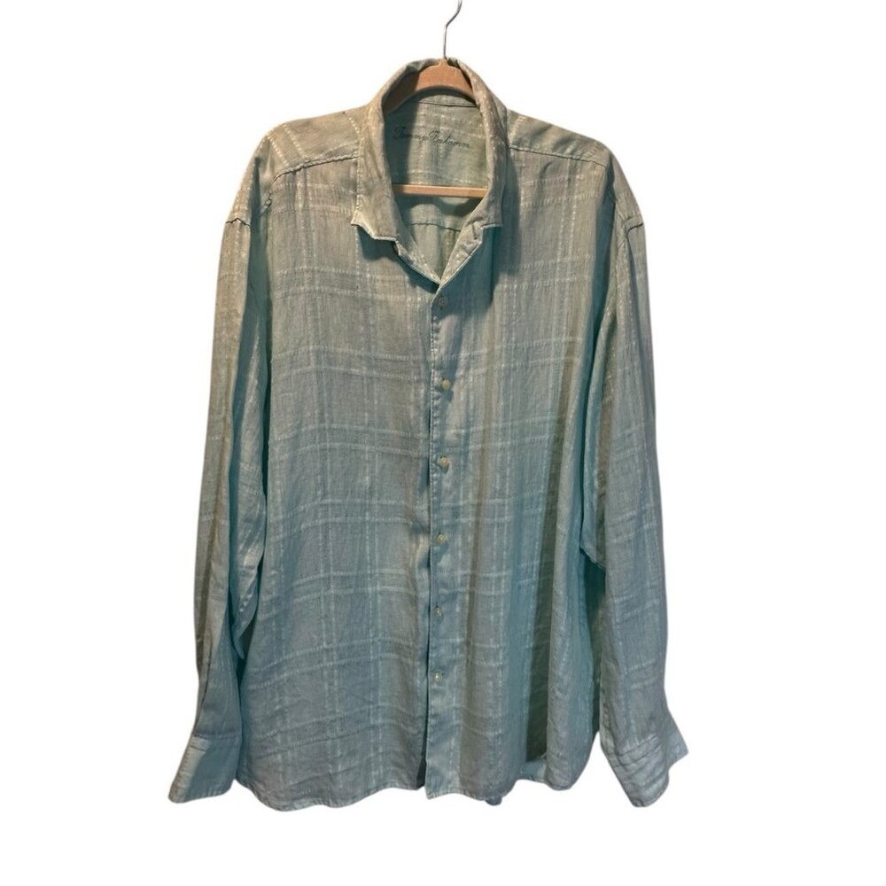 Tommy Bahama 100% Linen Textured Plaid Shirt XXL Aqua Long Sleeve‎ Lightweight